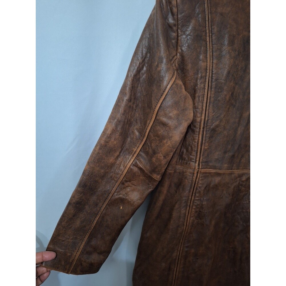 Rogue Leather Womens Genuine Leather Coat Sz M Brown Long Button Up Pockets Y2K - Picture 11 of 15